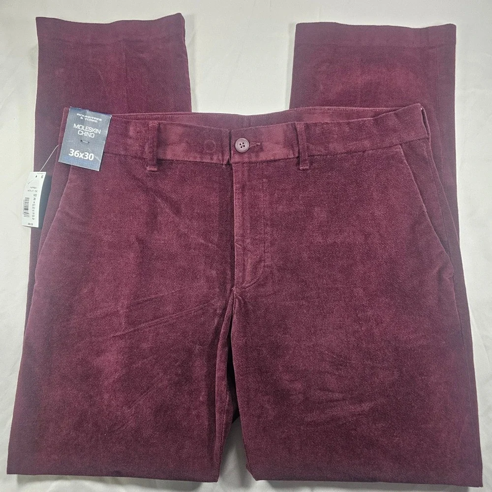 Roundtree & Yorke 36x30 Moleskin Chino Merlot Burgundy Straight Pants NWT 1602